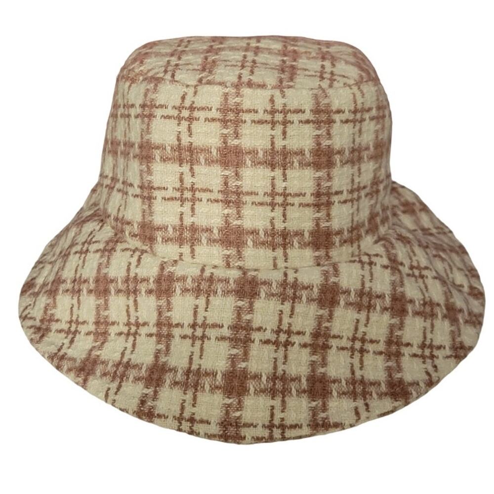 Marcus Adler NY Pink & White Houndstooth Plaid Tweed Twee Preppy Bucket Hat - OS